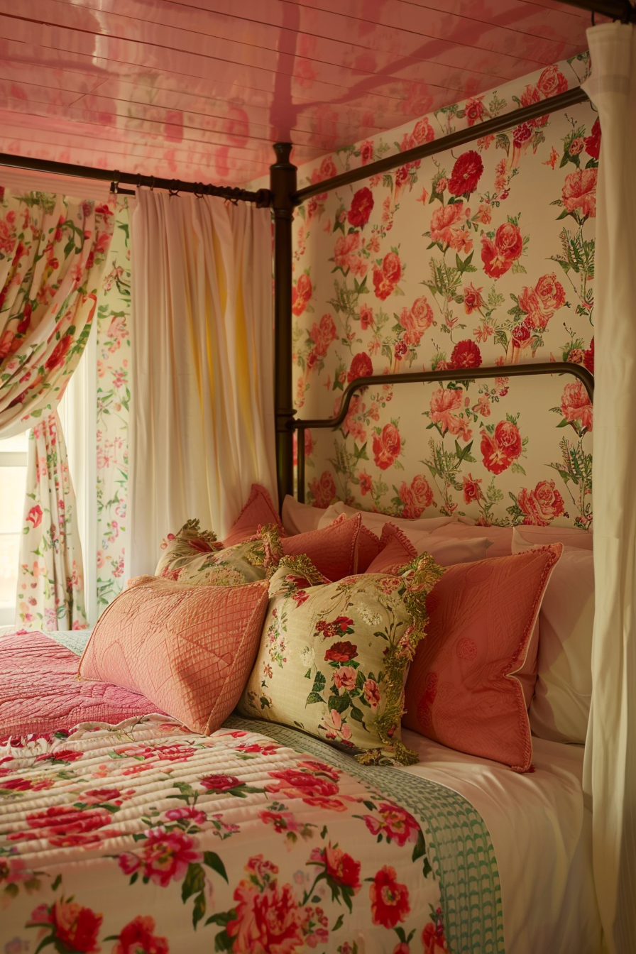 A cozy bedroom featuring a four-poster bed with floral bedding and curtains, accented with pink and green hues.