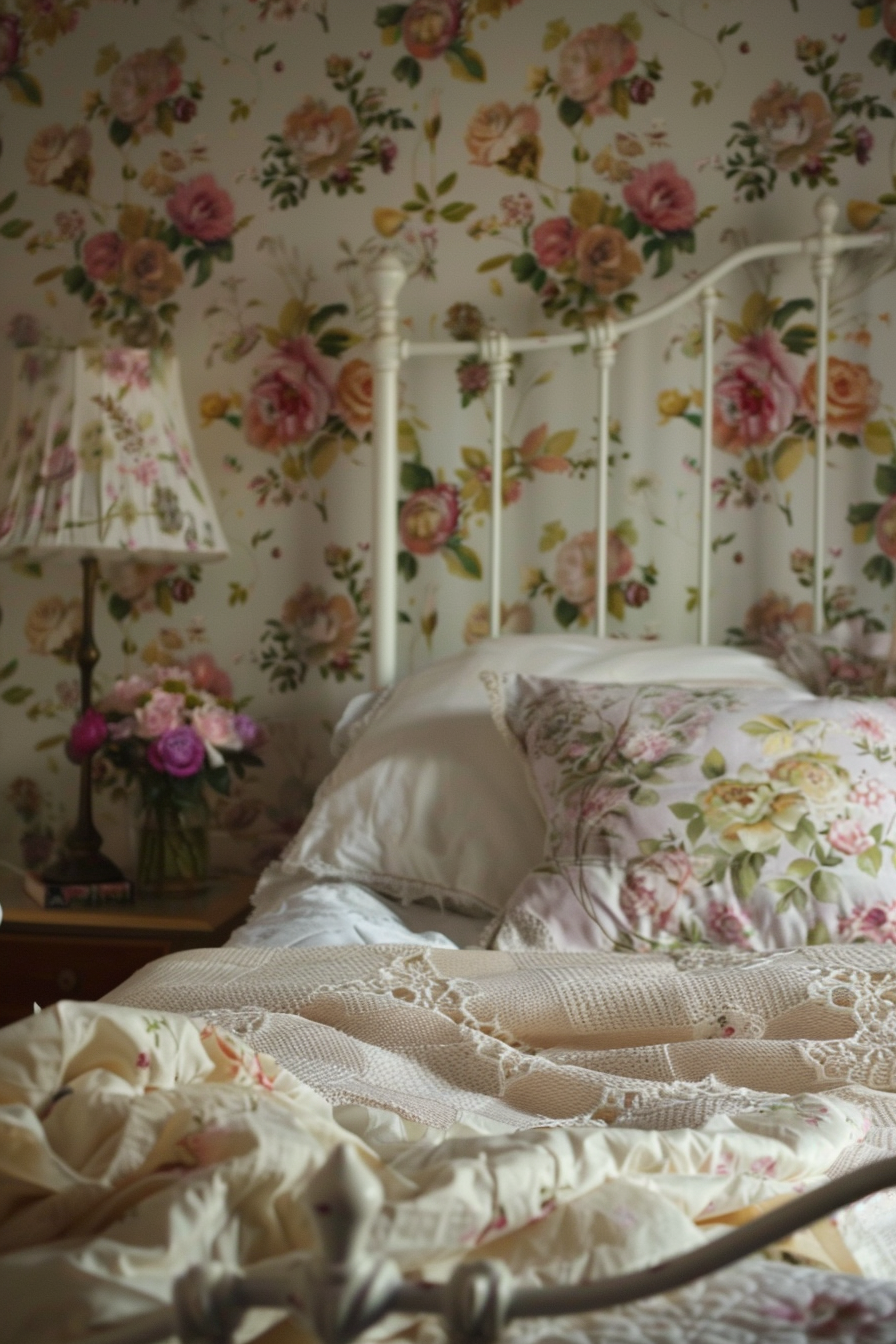 ALT: A cozy bedroom with a floral wallpaper pattern, a vintage white metal bed frame, and a bedside lamp next to a bouquet of roses.