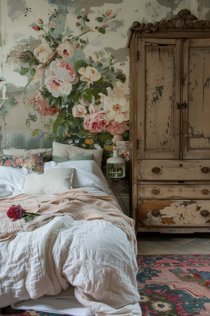 A vintage bedroom with floral wall design, rustic wooden wardrobe, cozy bed with white and pink bedding, and a patterned rug.