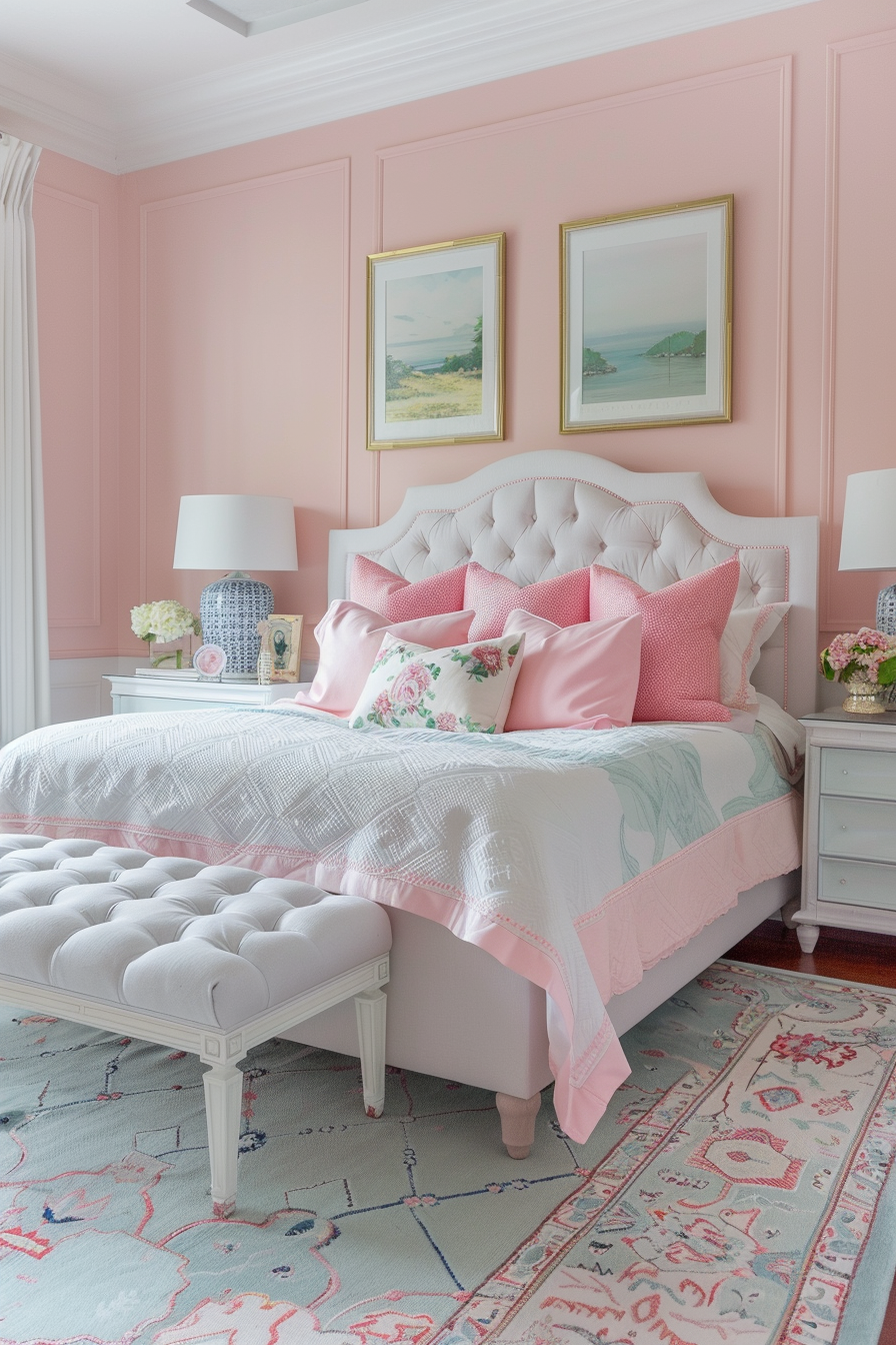 Elegant bedroom with tufted headboard, pastel pink bedding, a white bench, and landscape paintings on a pink wall.