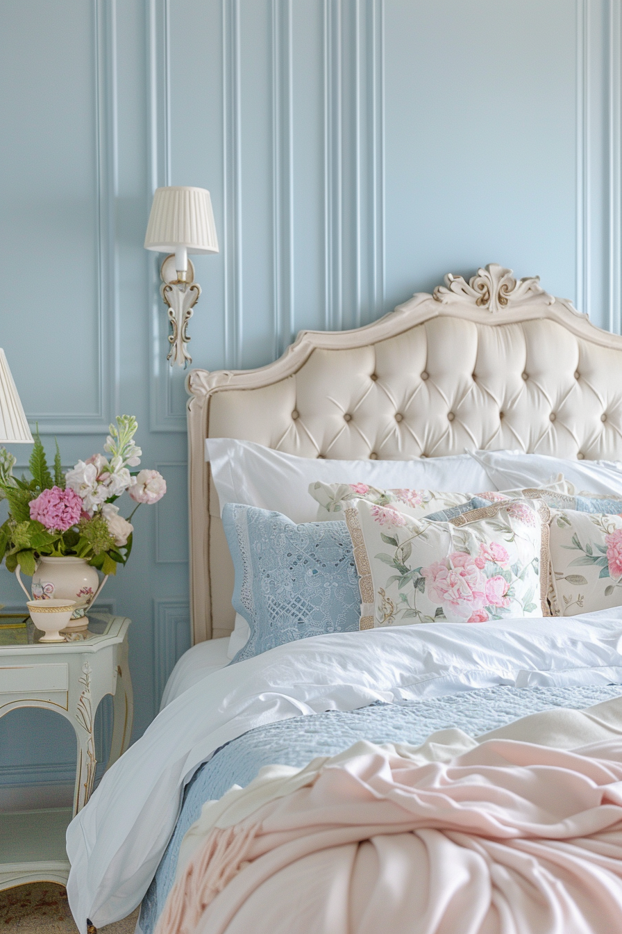 Elegant bedroom with pastel blue walls, vintage white headboard, and decorative pillows with floral patterns.