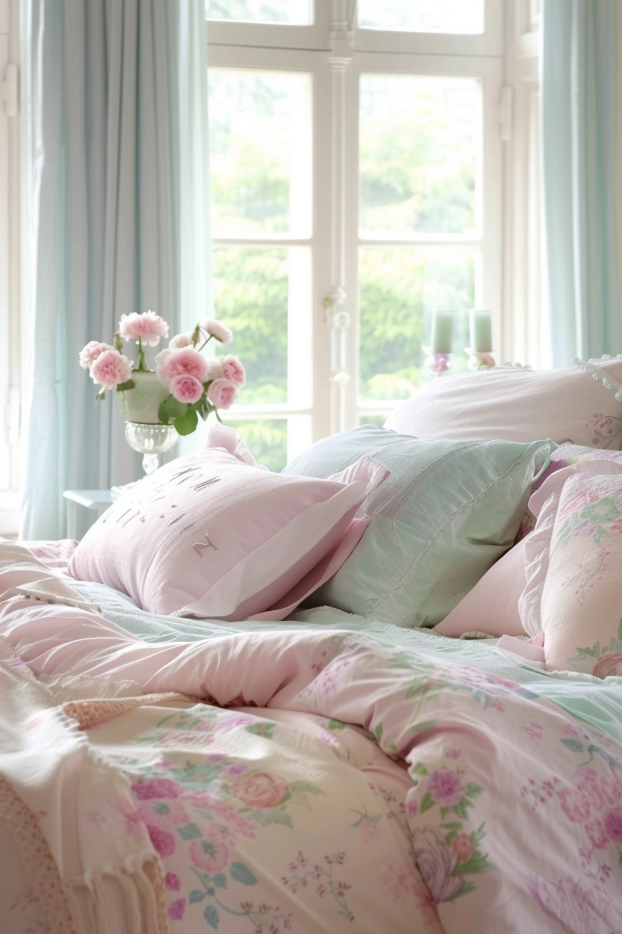 A cozy bedroom with plush pillows and floral bedding in shades of pink and green, near a window with sheer curtains.