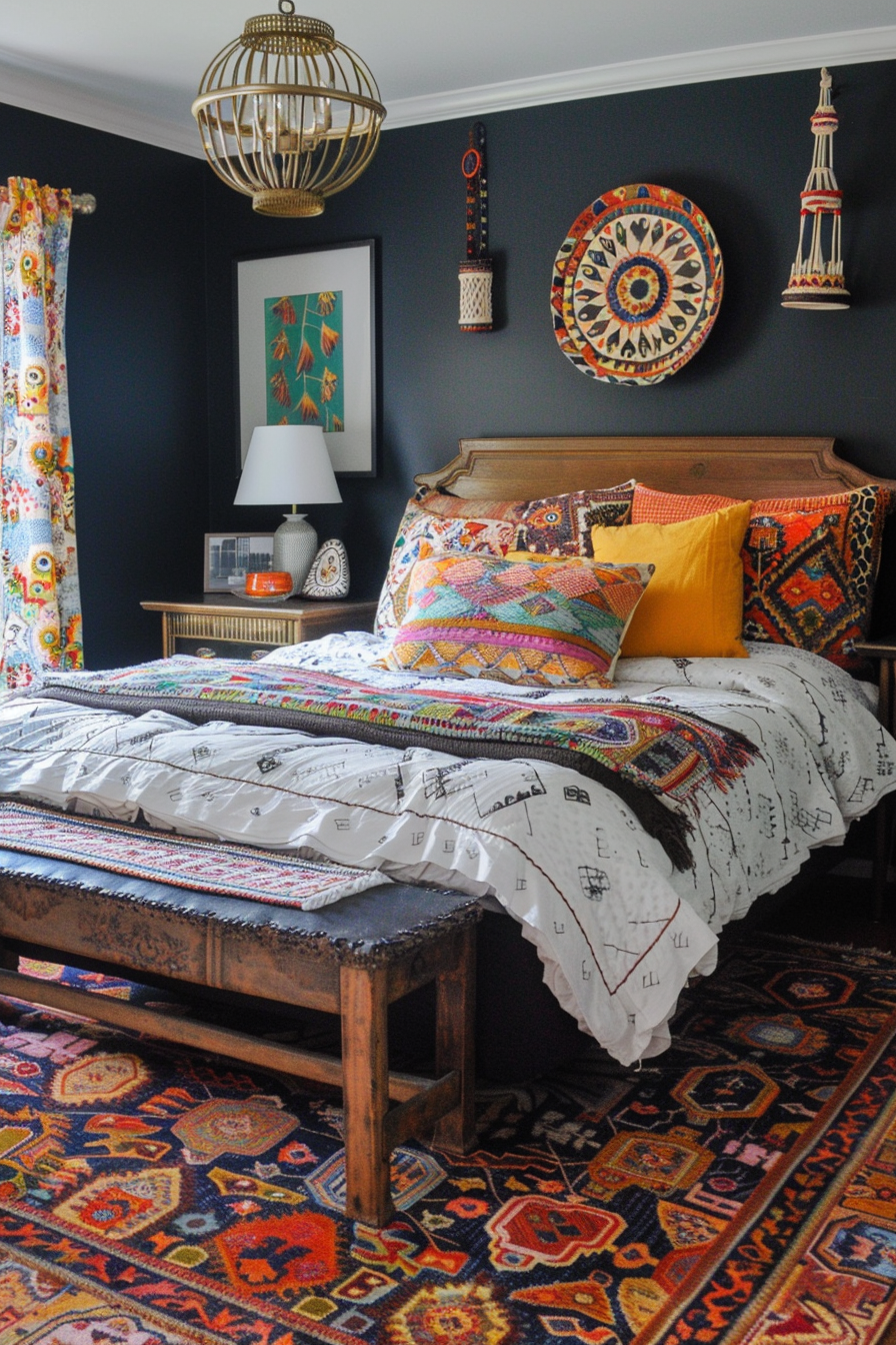 A cozy bedroom with eclectic decor, featuring a patterned bedspread, colorful rug, and decorative wall hangings.