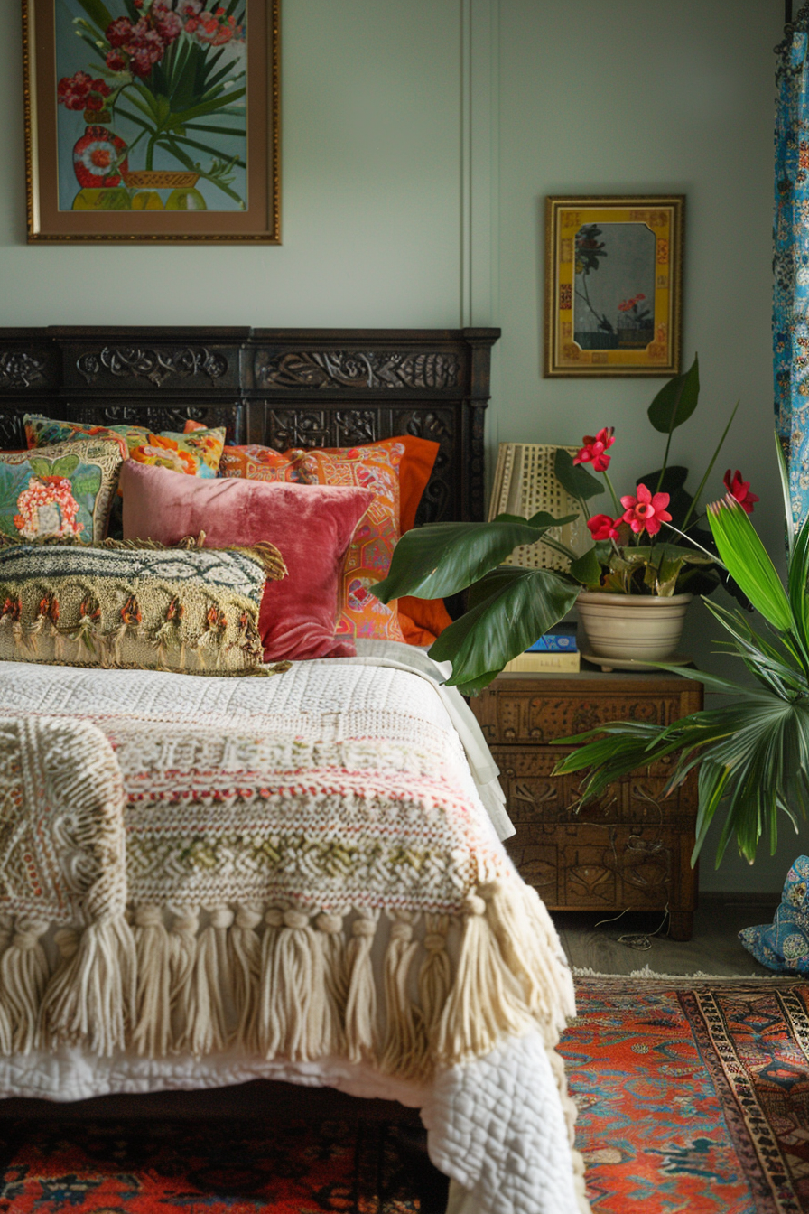 A cozy bedroom with an ornate wooden bed, colorful pillows, a fringed blanket, potted plants, and framed artwork on the walls.