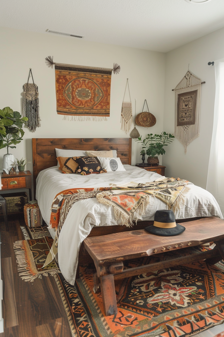 Cozy bedroom with wooden furniture, white bedding, decorative throw pillows, and multiple wall hangings with bohemian design elements.