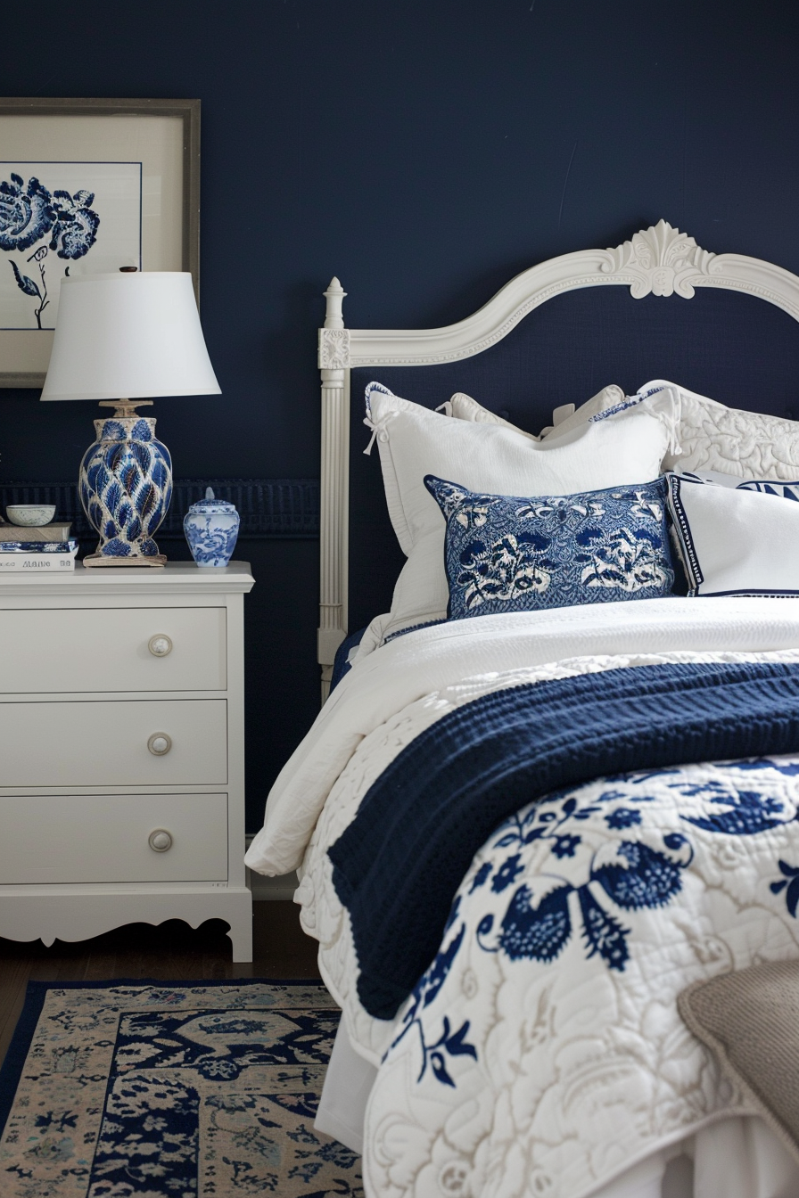 Elegant bedroom featuring a classic blue and white color scheme, with patterned textiles and a traditional headboard.
