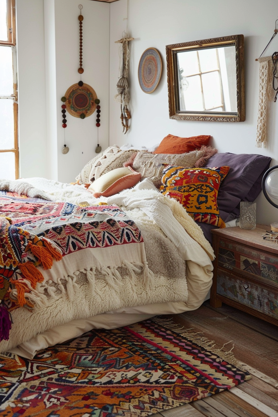 A bohemian-style bedroom with a bed covered in colorful pillows and throws, surrounded by eclectic wall decor and a patterned rug.