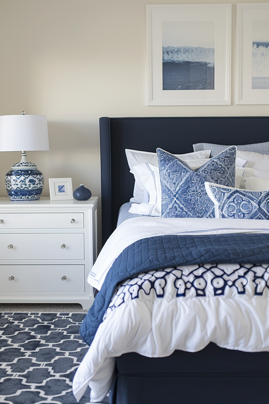 Elegantly decorated bedroom with a navy blue headboard, white and blue bedding, beside a white dresser with a lamp and framed art above.