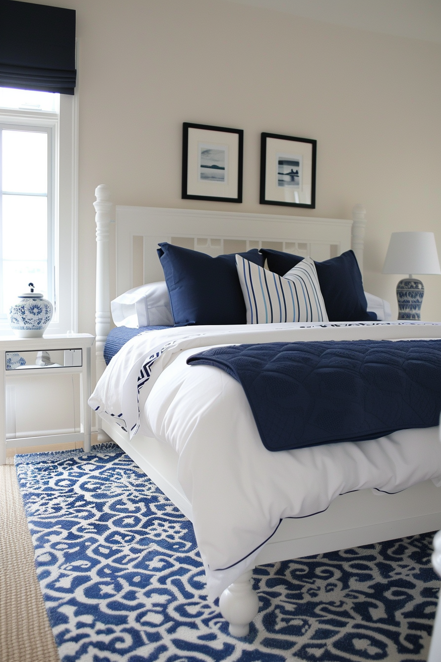 A neatly made bed with white and navy bedding, framed pictures above, and a patterned blue rug on the floor.