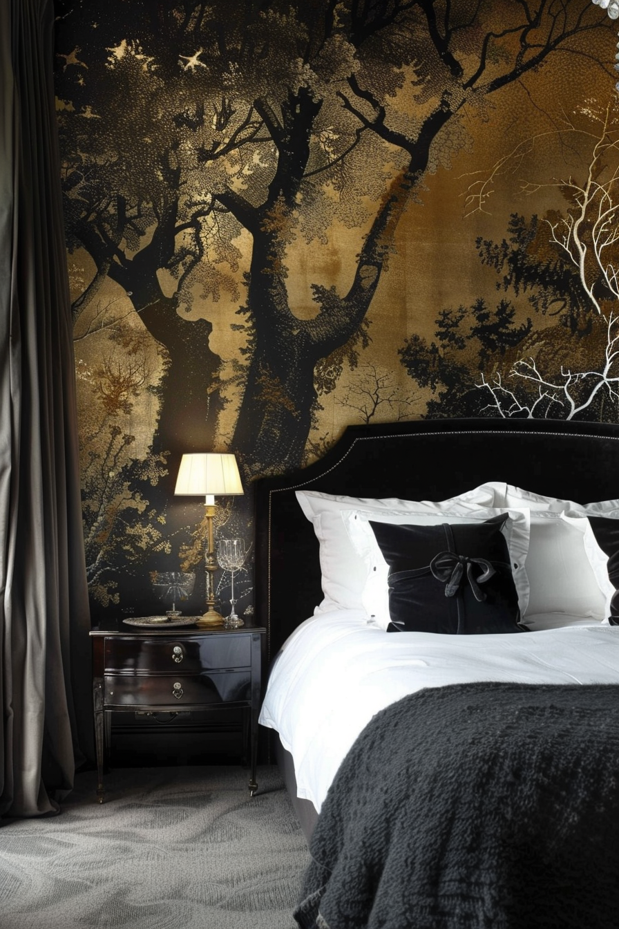 Elegant bedroom with a dramatic gold and black tree-wallpaper accent, luxe dark bedding, and a classic bedside lamp on a nightstand.