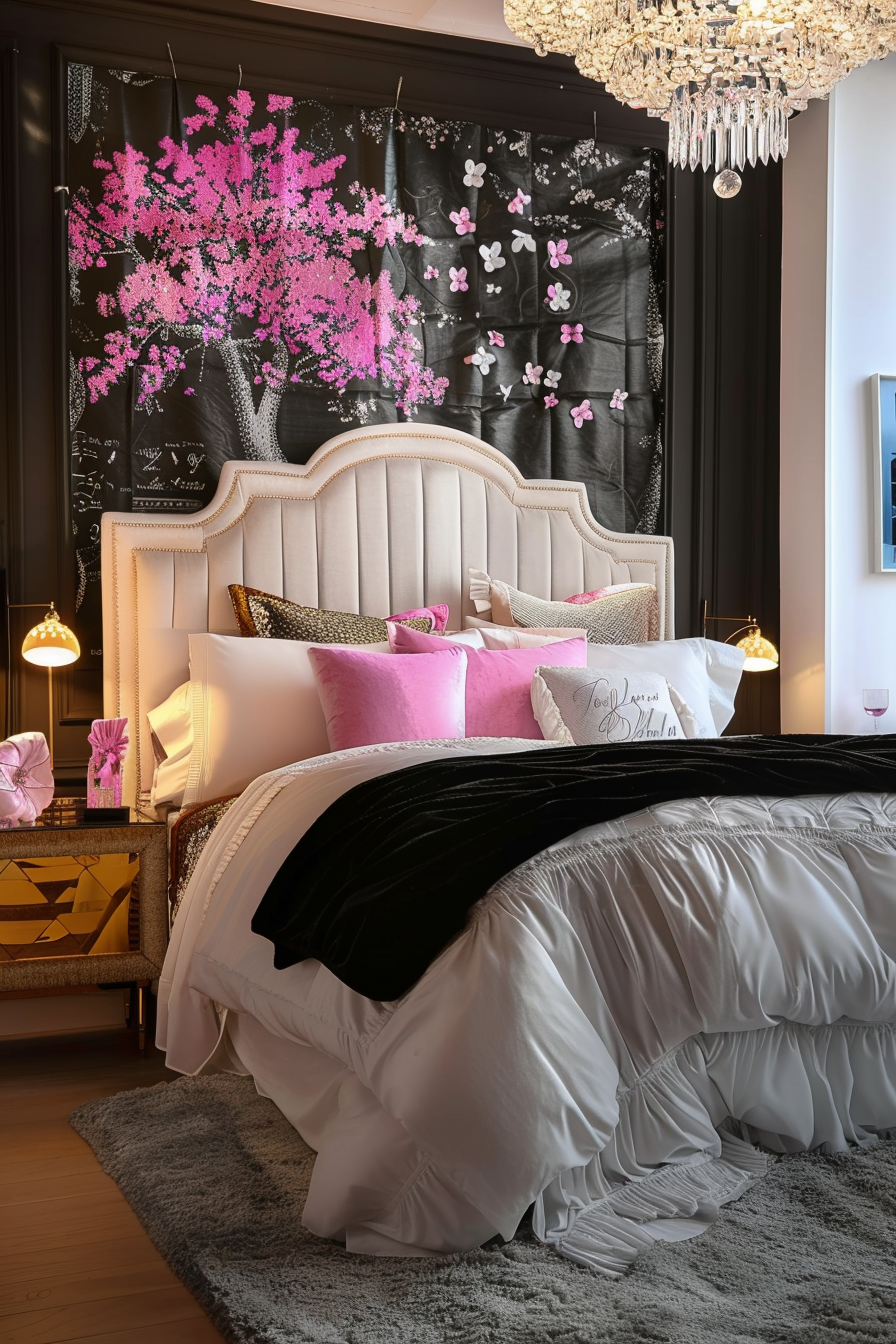 Elegant bedroom with plush bedding, a beige tufted headboard, pink accents, and a cherry blossom wall mural with a crystal chandelier overhead.