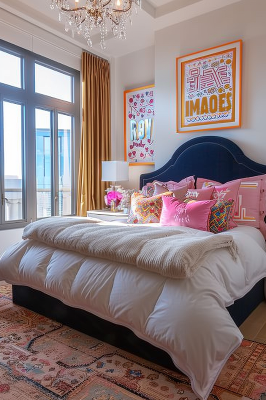 Bright and colorful bedroom with a navy-blue headboard, eclectic wall art, mustard curtains, and a crystal chandelier.