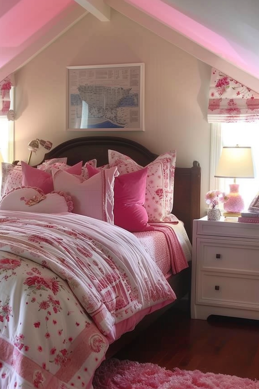A cozy bedroom with pink floral bedding, matching pillows, a white nightstand, lamp, and framed artwork above the bed.