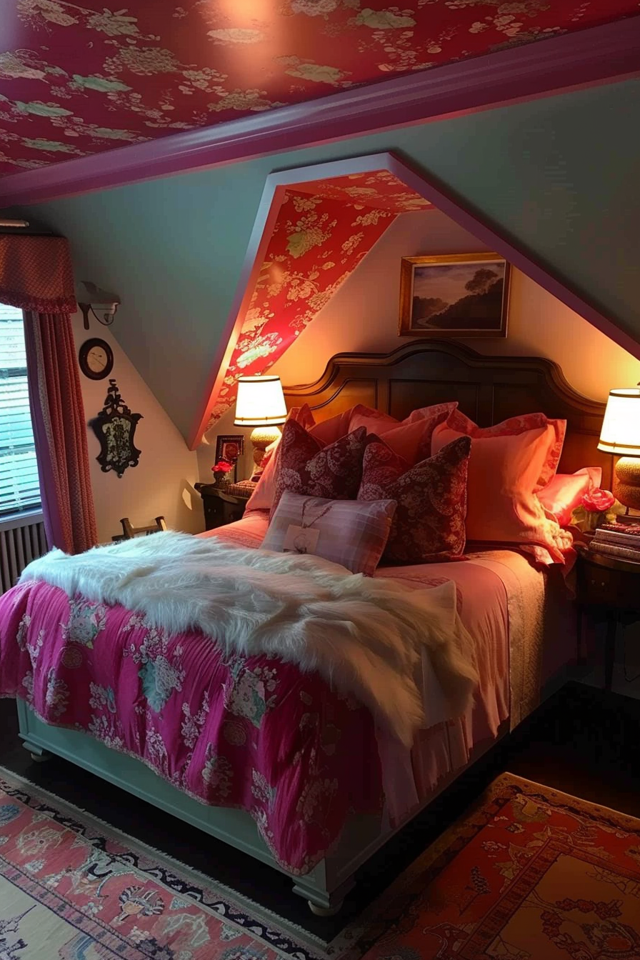 Cozy bedroom with slanted red-patterned ceiling, matching pink bedding with decorative pillows, soft lighting, and an oriental rug.