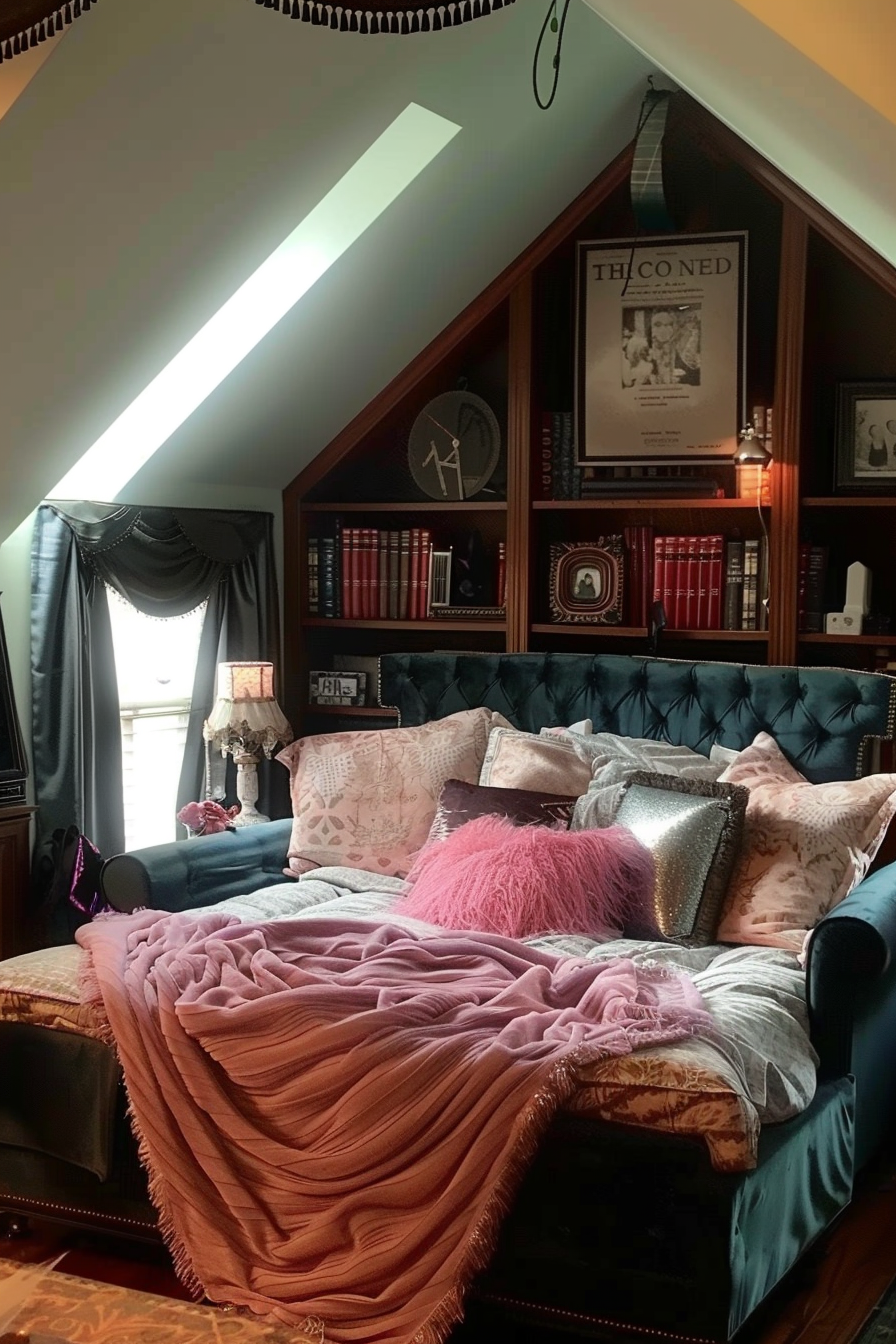 Cozy attic living space with tufted teal sofa, throw pillows, draped blanket, framed art, and books on built-in shelves under a skylight.