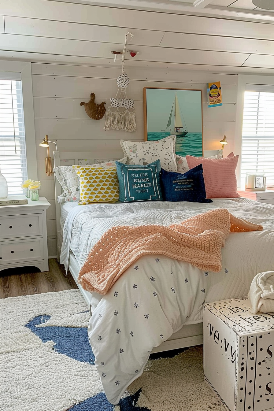 Cozy beach-themed bedroom with decorative pillows, nautical wall art, a sailboat painting, and a coral throw blanket.
