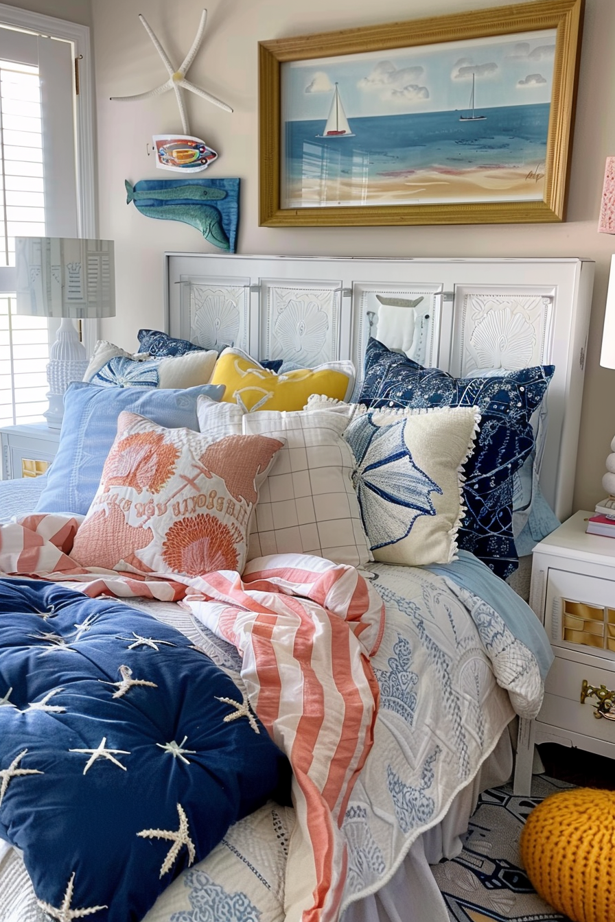 A cozy, nautical-themed bedroom with layered pillows, a sailboat painting, and seaside decor.