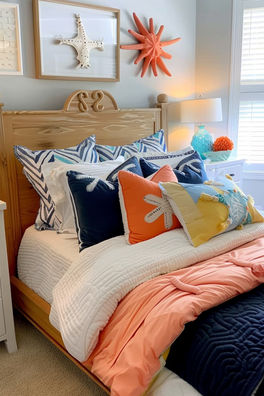 A cozy bedroom with a nautical theme, featuring a bed with white and navy bedding and sea-themed decorative pillows and wall art.