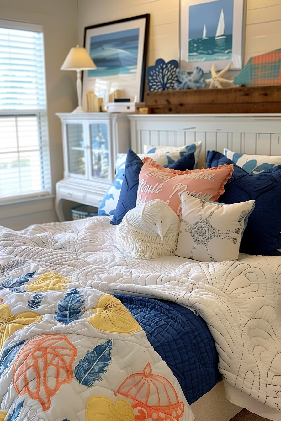 Coastal-themed bedroom with a quilted bedspread, nautical pillows, sailboat artwork, and seaside decorations on a shelf.