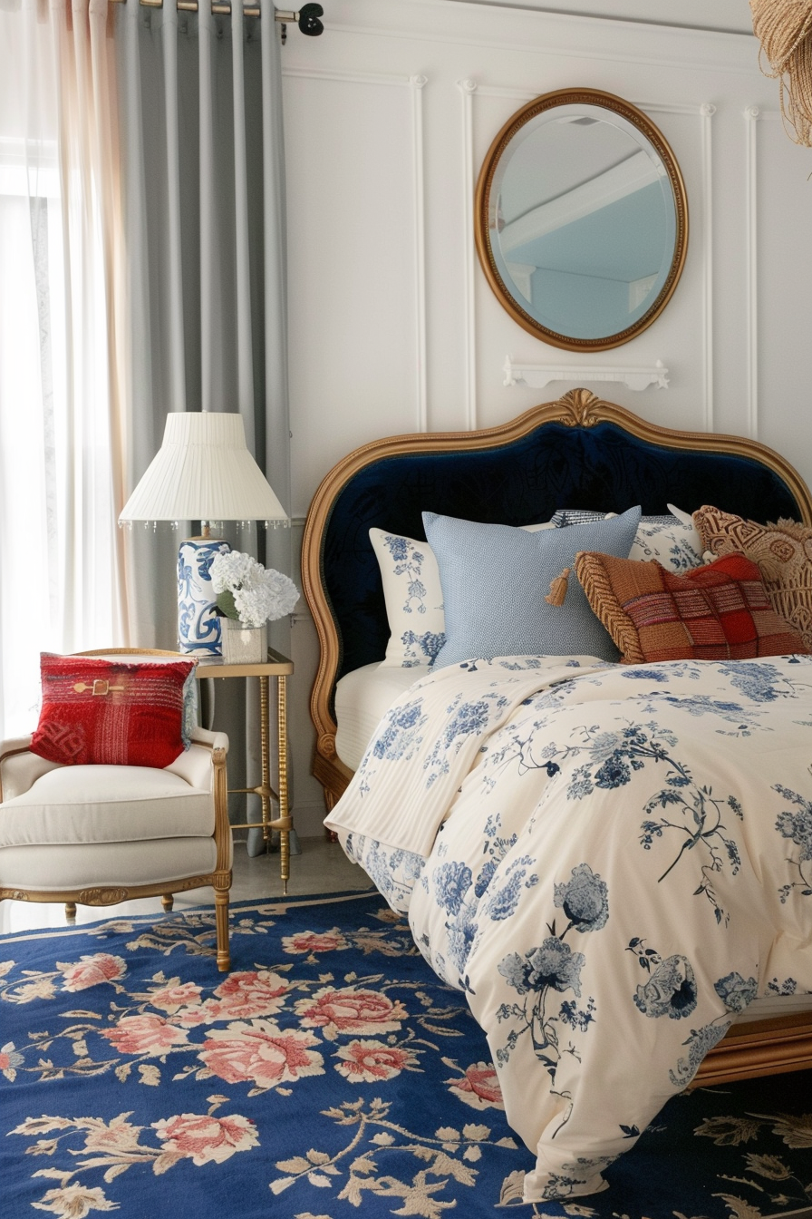 Elegant bedroom with a dark blue floral bedspread, vintage gold-trimmed navy headboard, and a white sidewall with decorative elements.