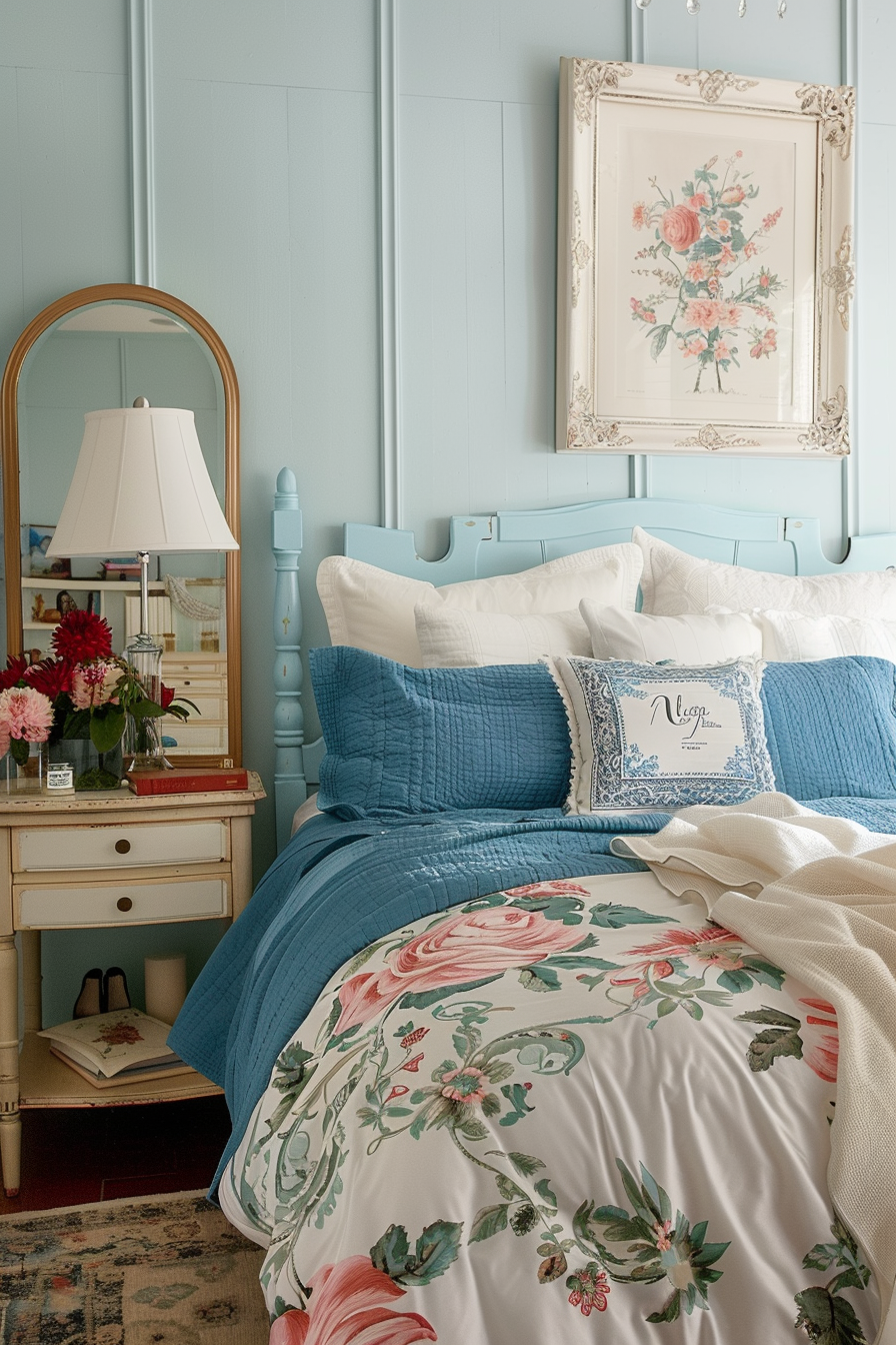 A cozy bedroom with a blue headboard, floral bedding, a white nightstand, a lamp, and a framed flower artwork on the wall.
