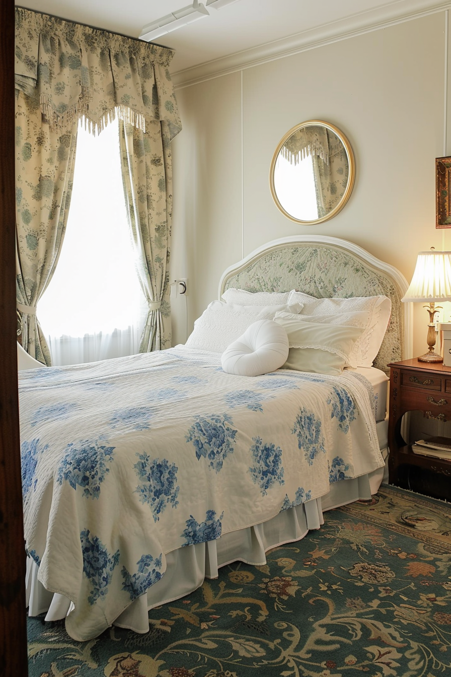 Elegant bedroom with a white and blue floral bedspread, matching drapery, oval mirror, and a classic bedside lamp.