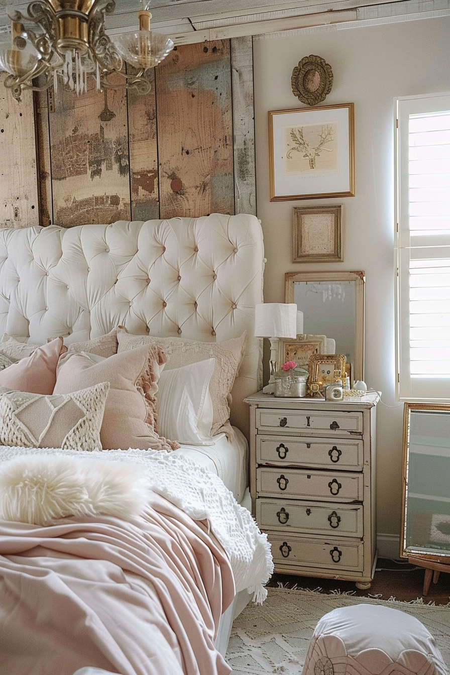 A cozy vintage-style bedroom with a tufted headboard, pastel bedding, a distressed white dresser, framed art, and a chandelier.
