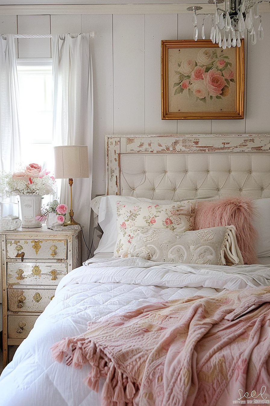 A cozy bedroom with a tufted headboard, vintage nightstand, floral decor, and soft pink blankets on the bed.