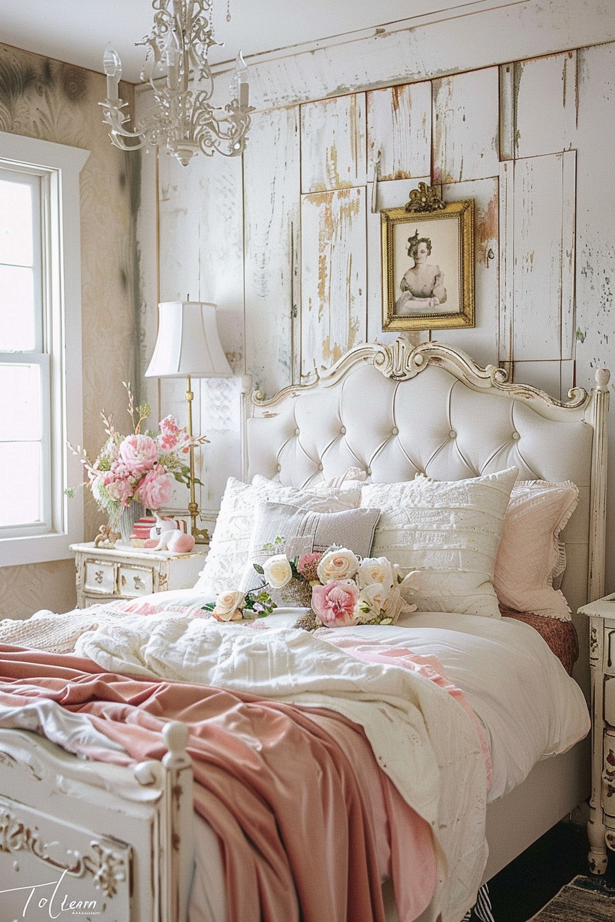 A shabby chic bedroom with distressed white wooden walls, an elegant chandelier, a tufted headboard, and pastel pink bedding with floral accents.