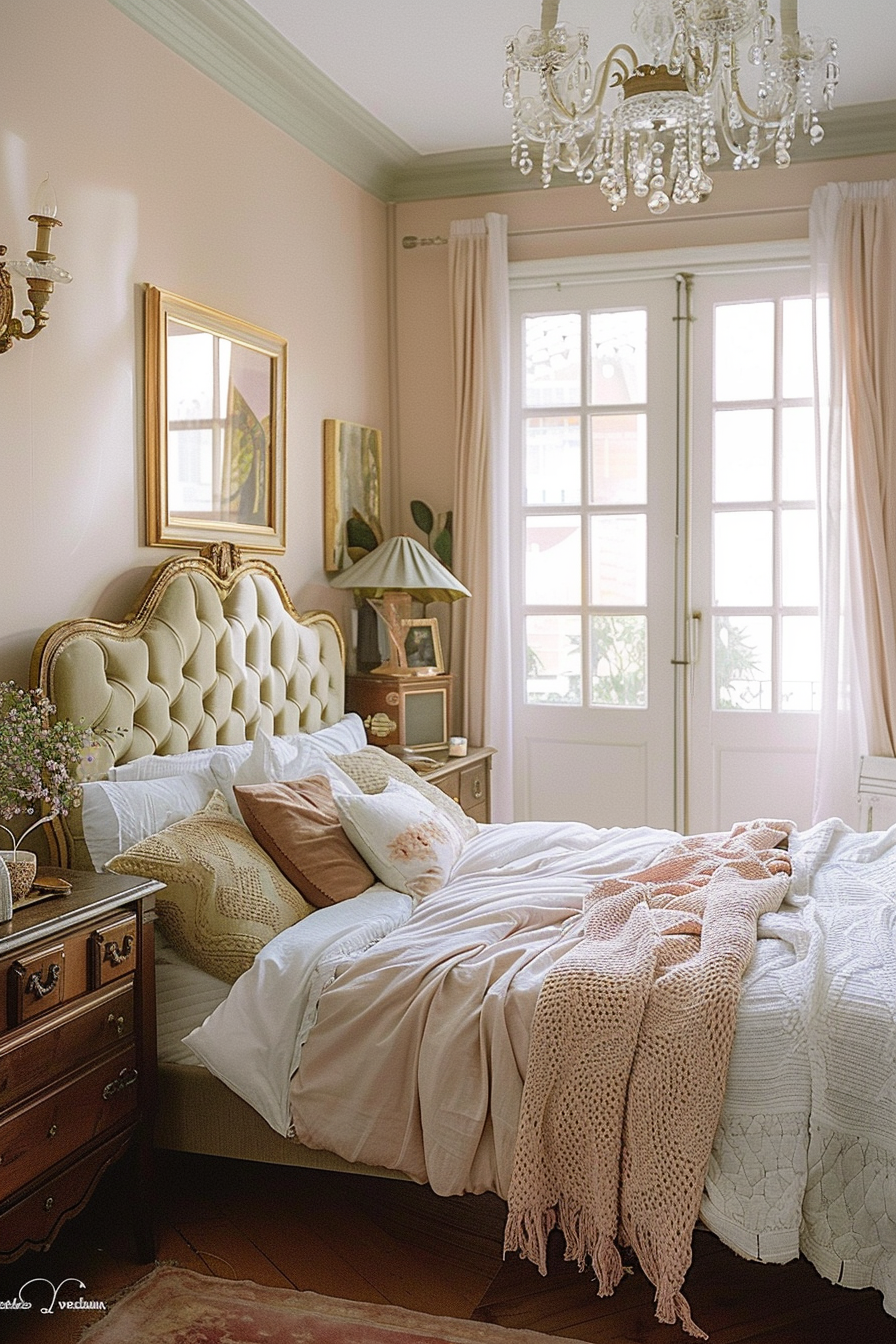 Elegant bedroom with a tufted headboard, chandelier, soft pink walls, antique furniture, and French doors leading to a balcony.