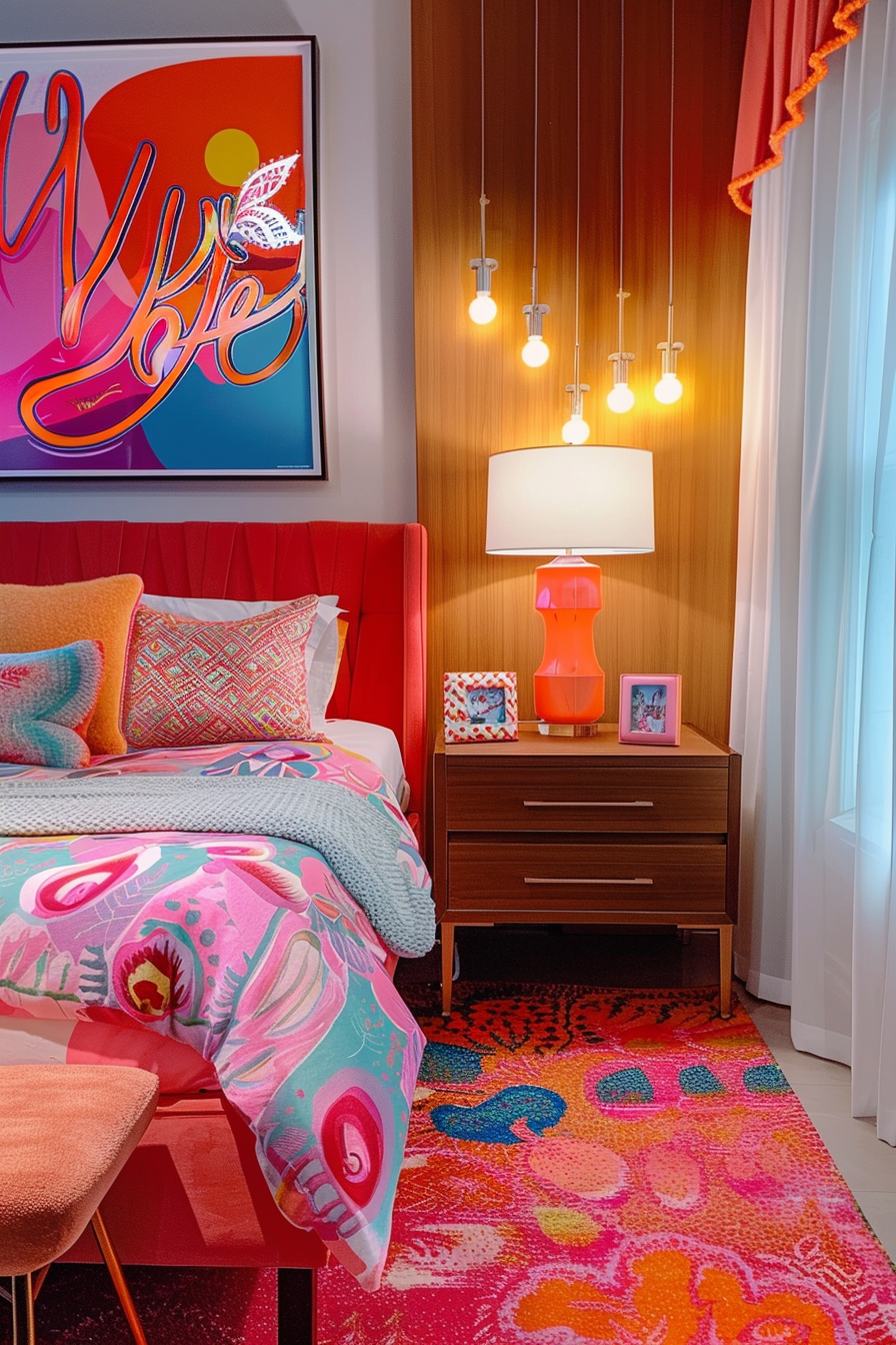 A vibrant bedroom with a red headboard, colorful bedding, retro poster, and hanging lights.