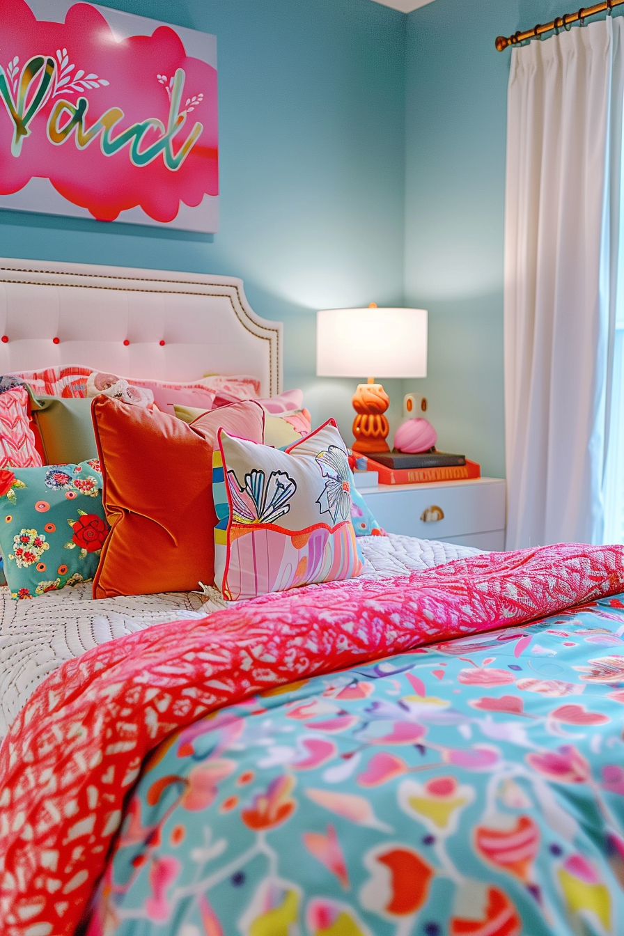 Vibrant bedroom with a colorful bedspread, a mix of decorative pillows, and a personalized name sign above the headboard.