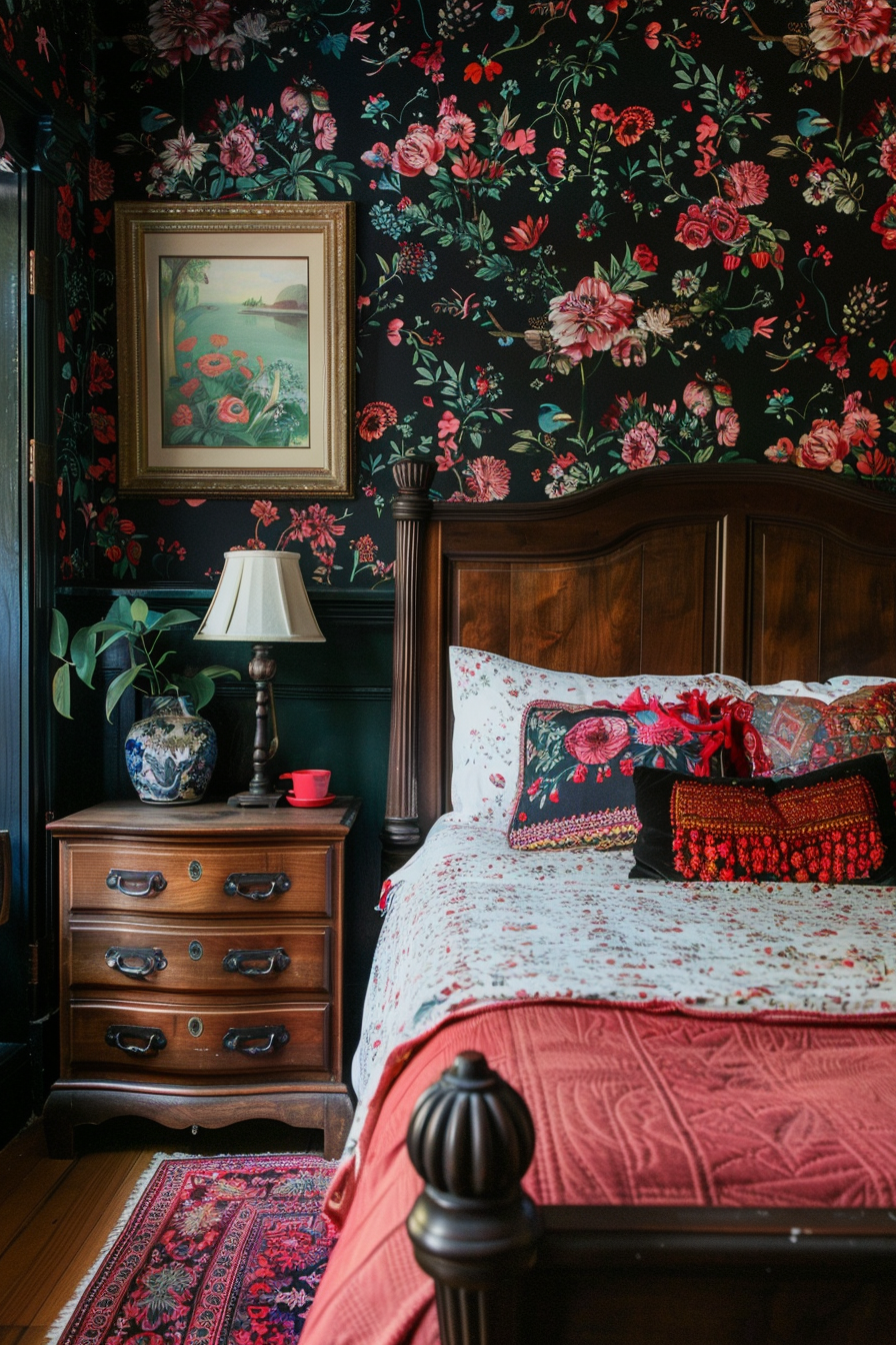 Vintage bedroom interior with dark floral wallpaper, wooden bed and furniture, patterned textiles, and framed wall art.