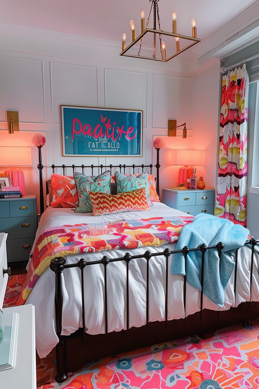 Colorful bedroom with a black iron bed, vibrant bedding, neon sign above bed, and modern chandelier.