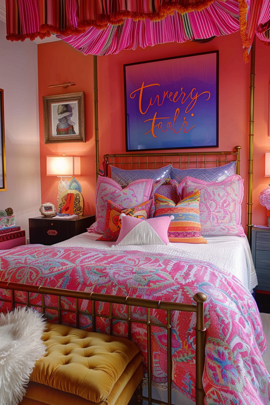 Vibrantly colored bedroom with patterned bedding, a canopy bed with brass frame, eclectic decor, and a neon sign with cursive text above the bed.
