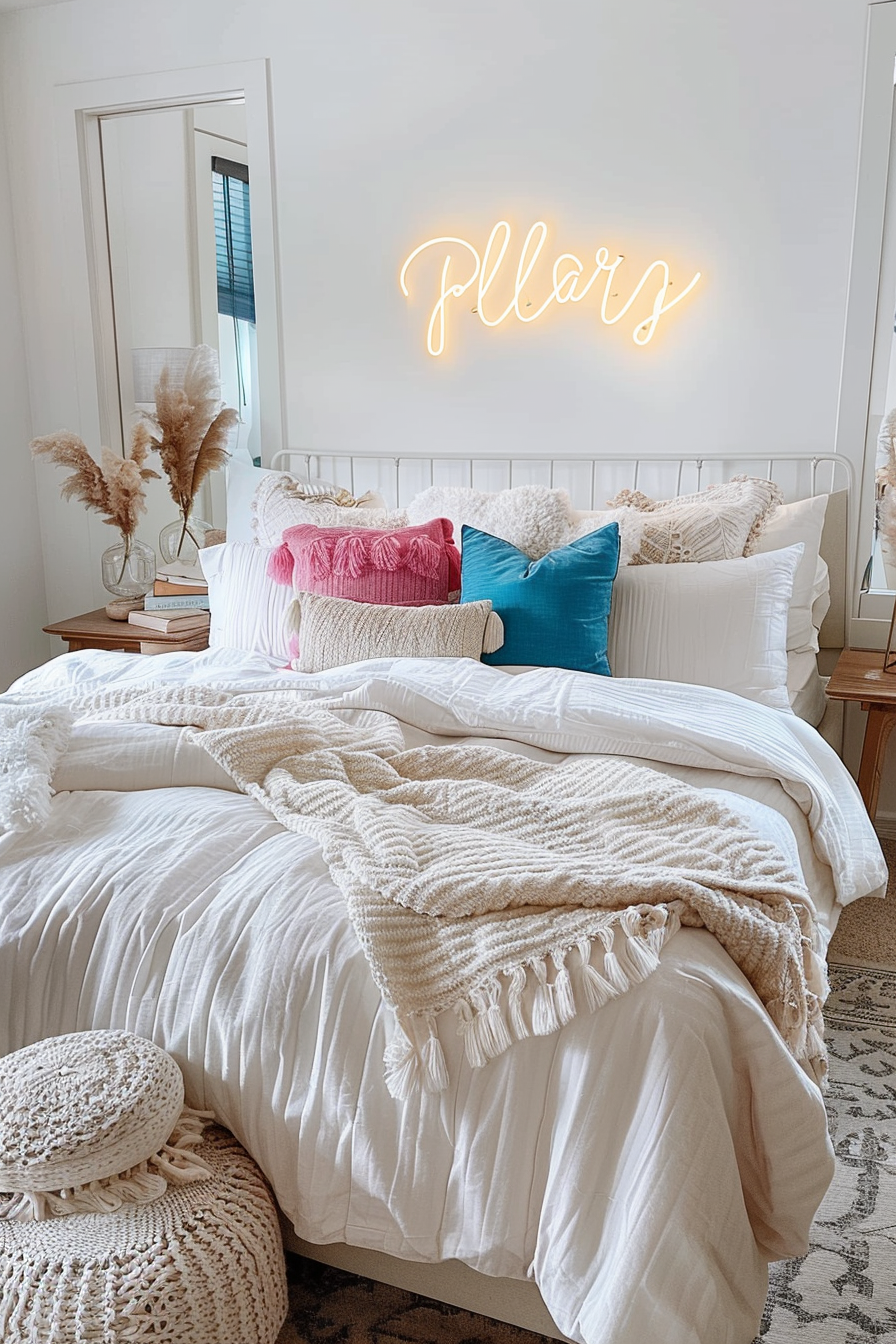 A cozy bedroom setup with a neatly made bed adorned with colorful pillows, a knitted throw, and a neon sign above with cursive text.
