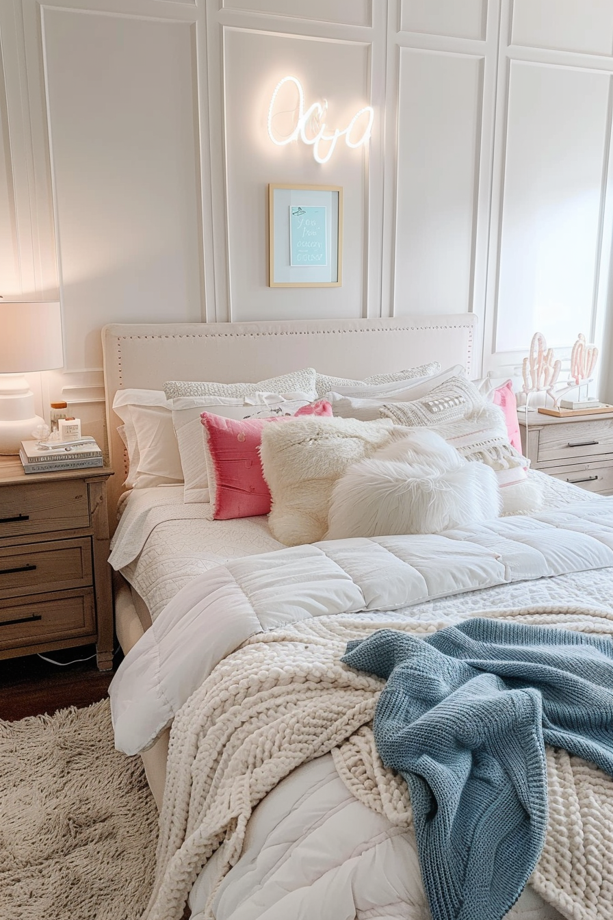 Cozy bedroom with a white beadboard wall, neon sign above bed, layered pillows, textured blankets, and bedside lamps.