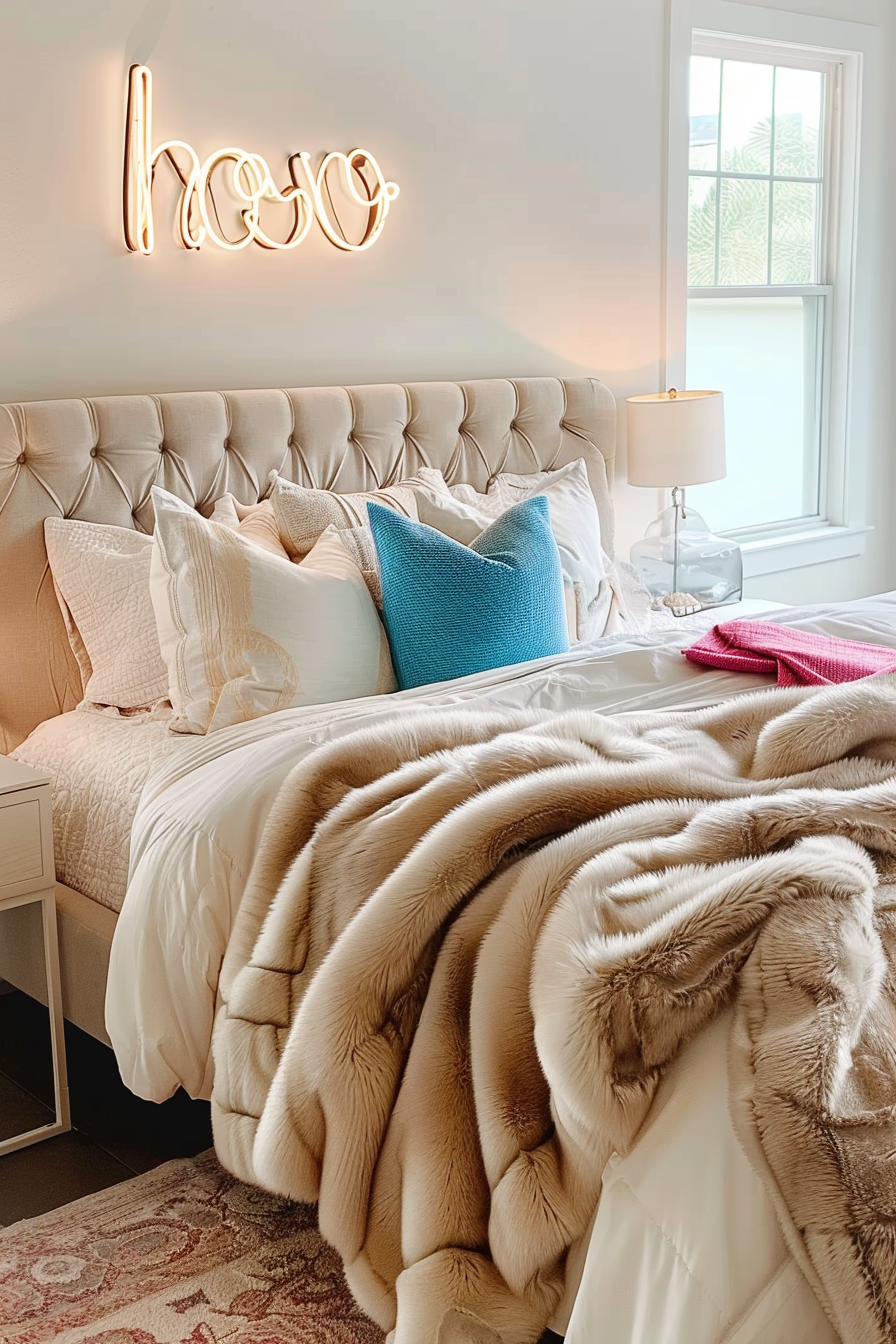 Cozy bedroom with a tufted headboard, plush bedding, neon 'home' sign on the wall, lamp on a bedside table, and a window.