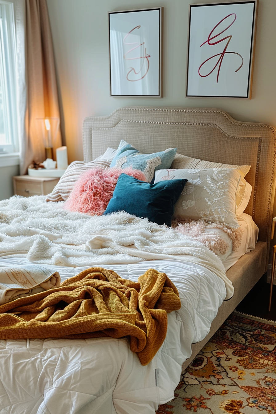 Cozy bedroom with an unmade bed, colorful pillows, a textured blanket, framed artwork on the wall, and a soft glowing lamp.