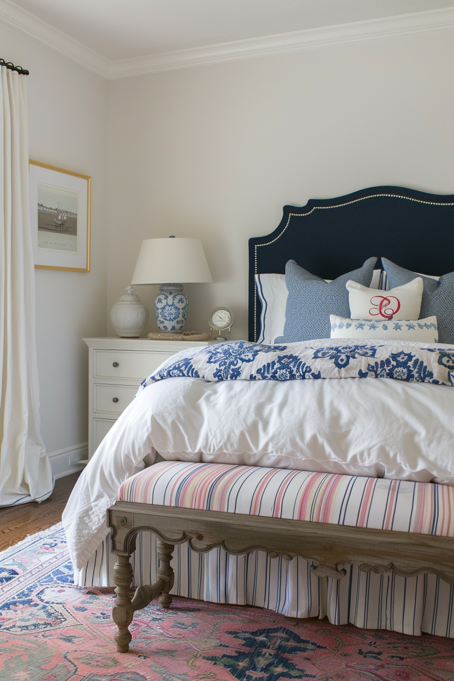 Elegant bedroom with a navy blue headboard, patterned bedding, white nightstand with lamp, and a framed picture on the wall.
