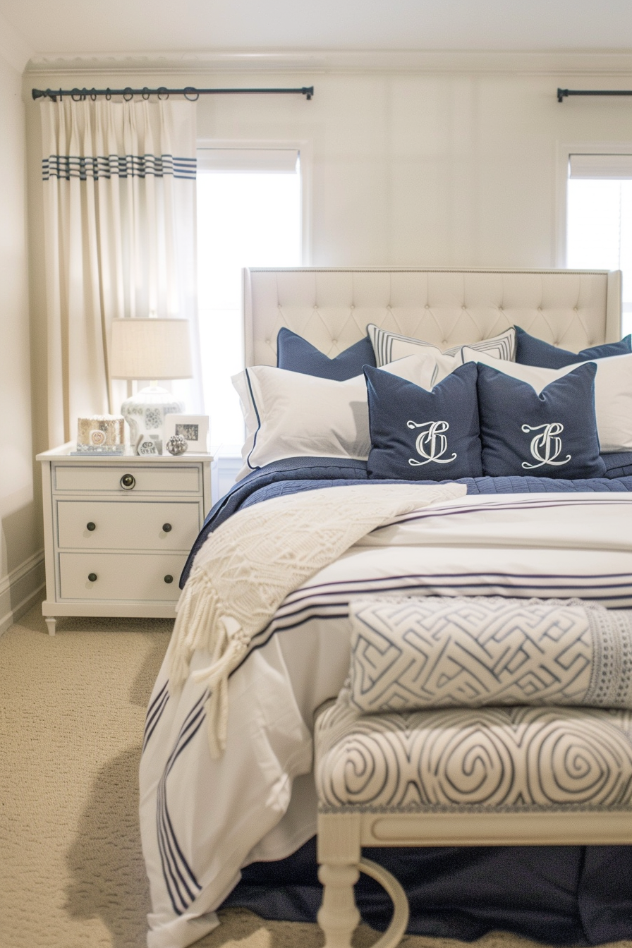 Elegant bedroom with a tufted headboard, navy and white bedding, monogrammed pillows, and a white nightstand.