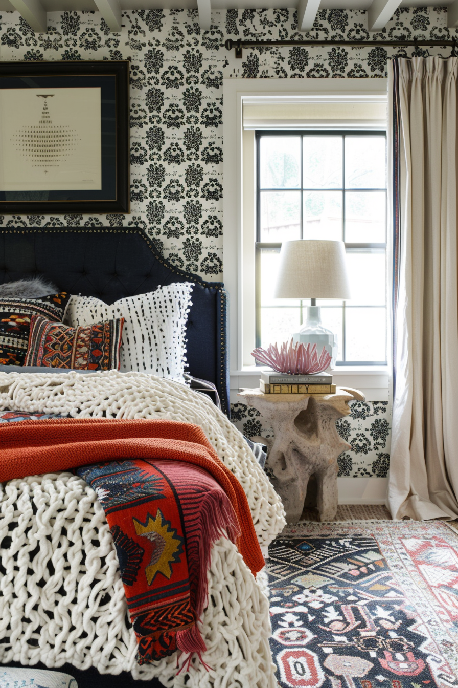 Cozy bedroom with floral wallpaper, a dark blue tufted headboard, patterned textiles, and a chunky knit blanket.