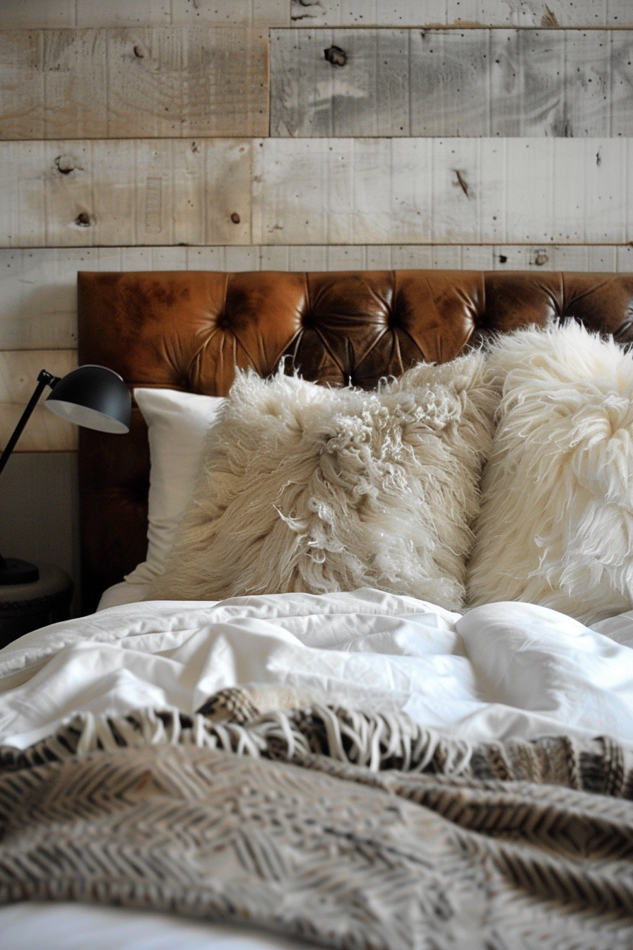 A cozy bedroom setup with a tufted leather headboard, fluffy white pillows, crisp white bedding, and a bedside lamp.