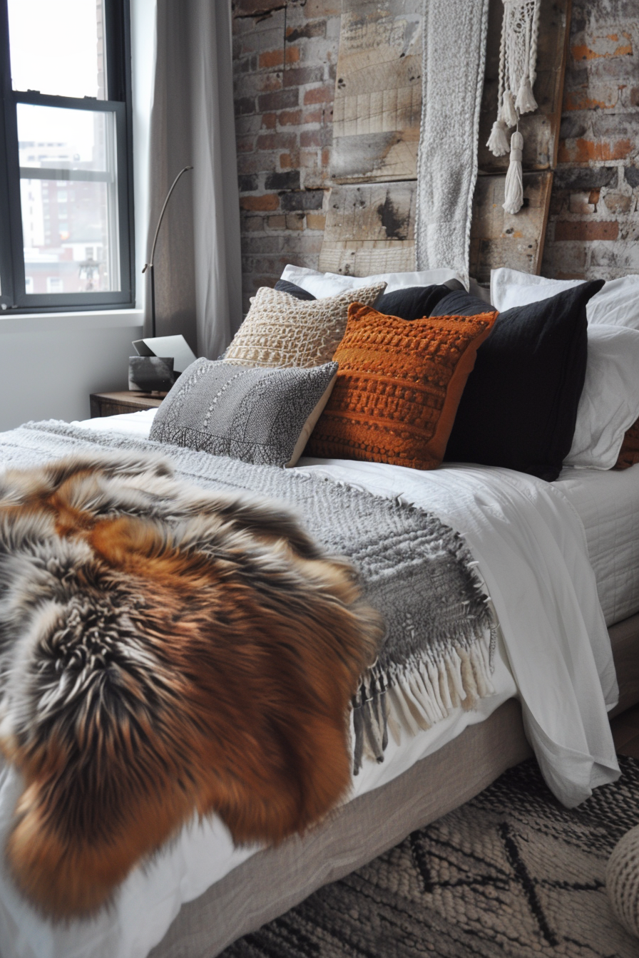 Cozy bedroom with a layered bed, decorative pillows, exposed brick wall, and a city view from the window.