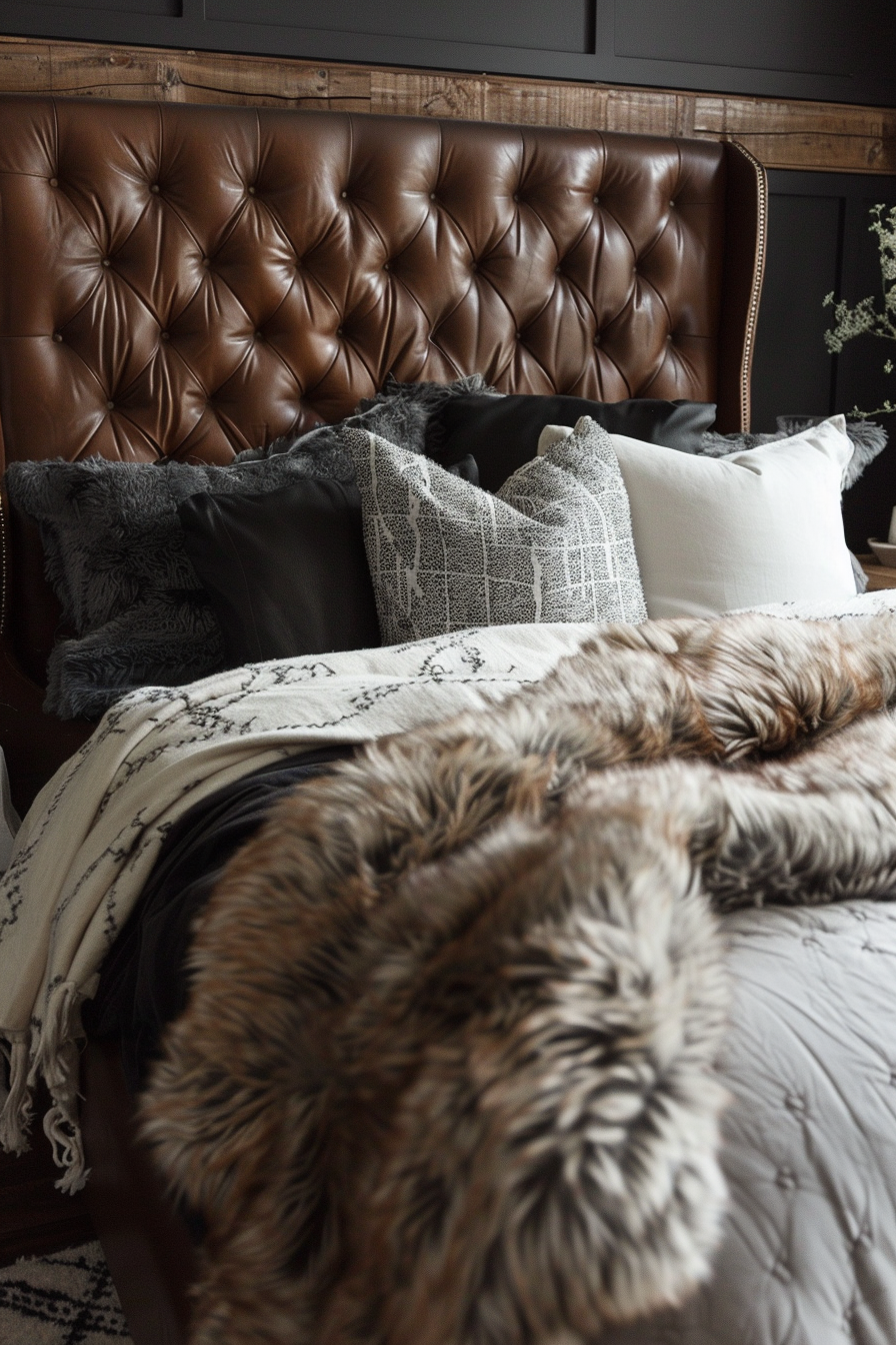 Elegant bedroom with a tufted leather headboard, assorted decorative pillows, and a faux fur throw on the bed.
