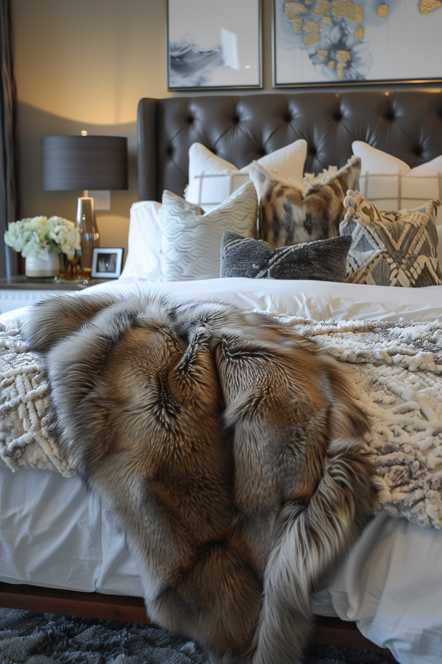 Elegant bedroom with a tufted headboard, decorative pillows, fur throw, and artwork above the bed.