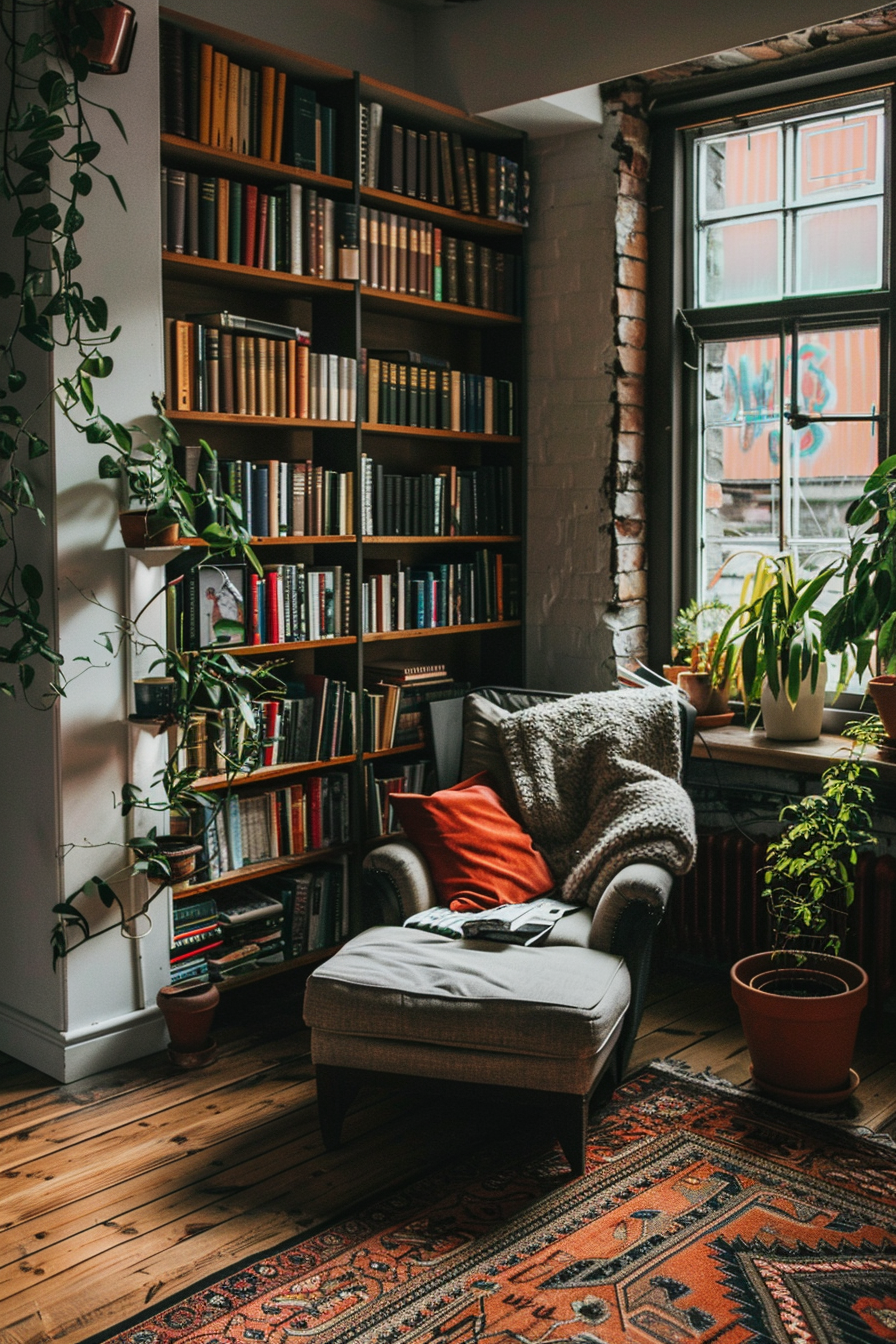 Cozy reading nook with a comfortable armchair and ottoman, surrounded by bookshelves, plants, and a large window.
