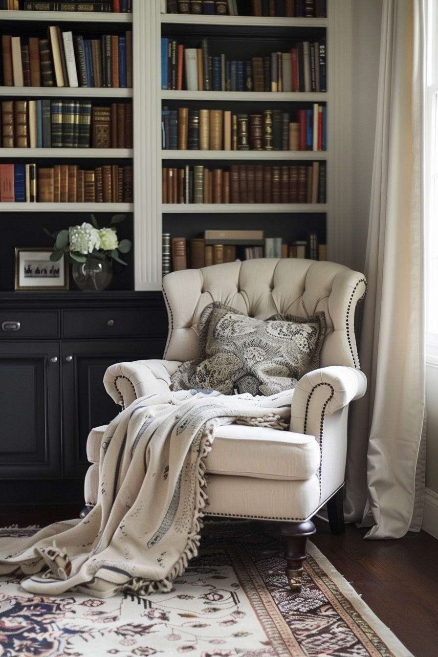 Elegant reading nook with a tufted cream armchair, decorative pillows, throw blanket, and bookshelves filled with books.