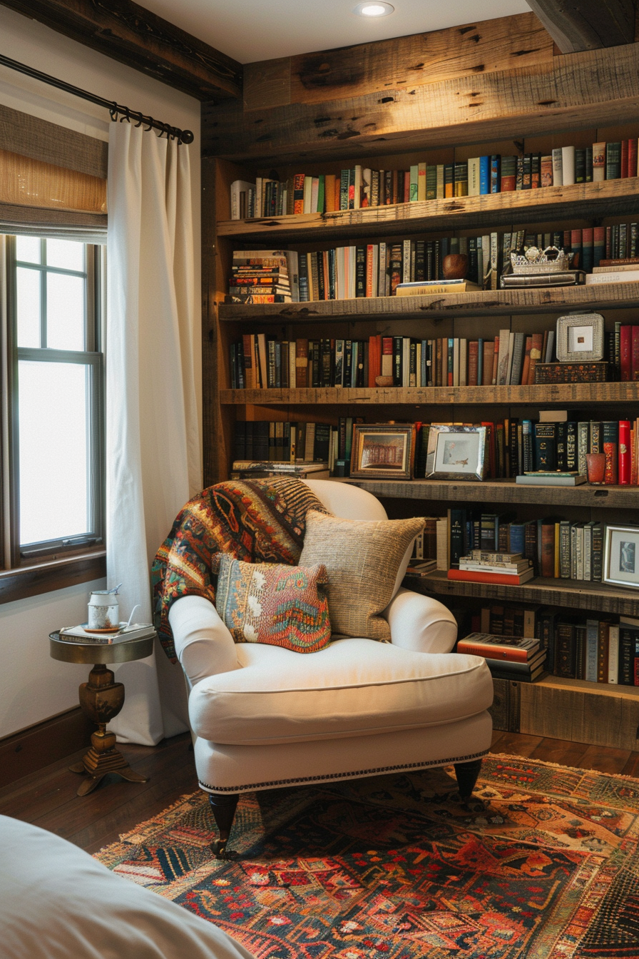 Cozy reading nook with a plush armchair, colorful throw blanket, and a floor-to-ceiling bookshelf filled with books.