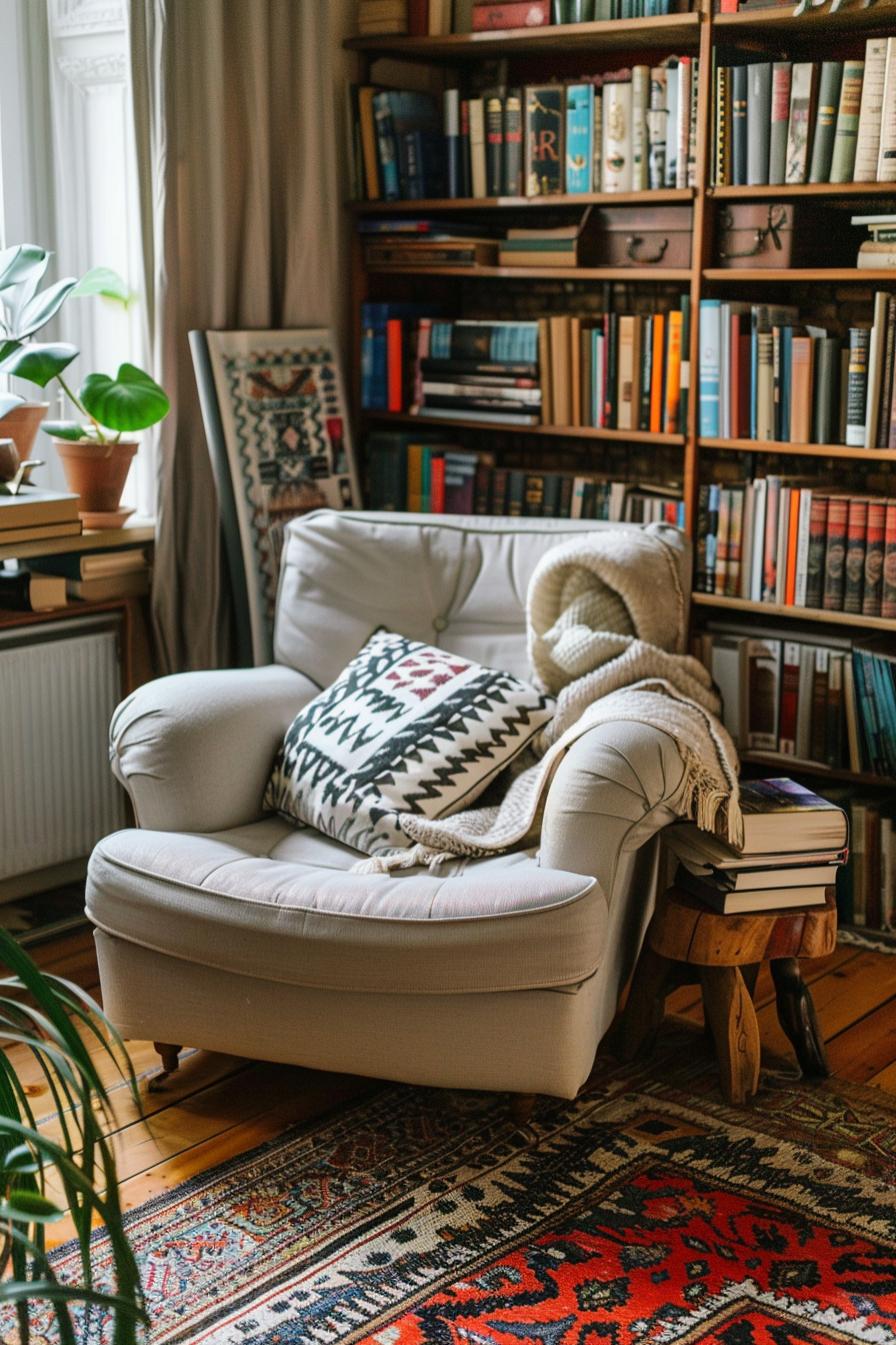 Cozy reading nook with a comfortable armchair, patterned cushion, knitted throw, stacked books, and wooden bookshelf full of books.